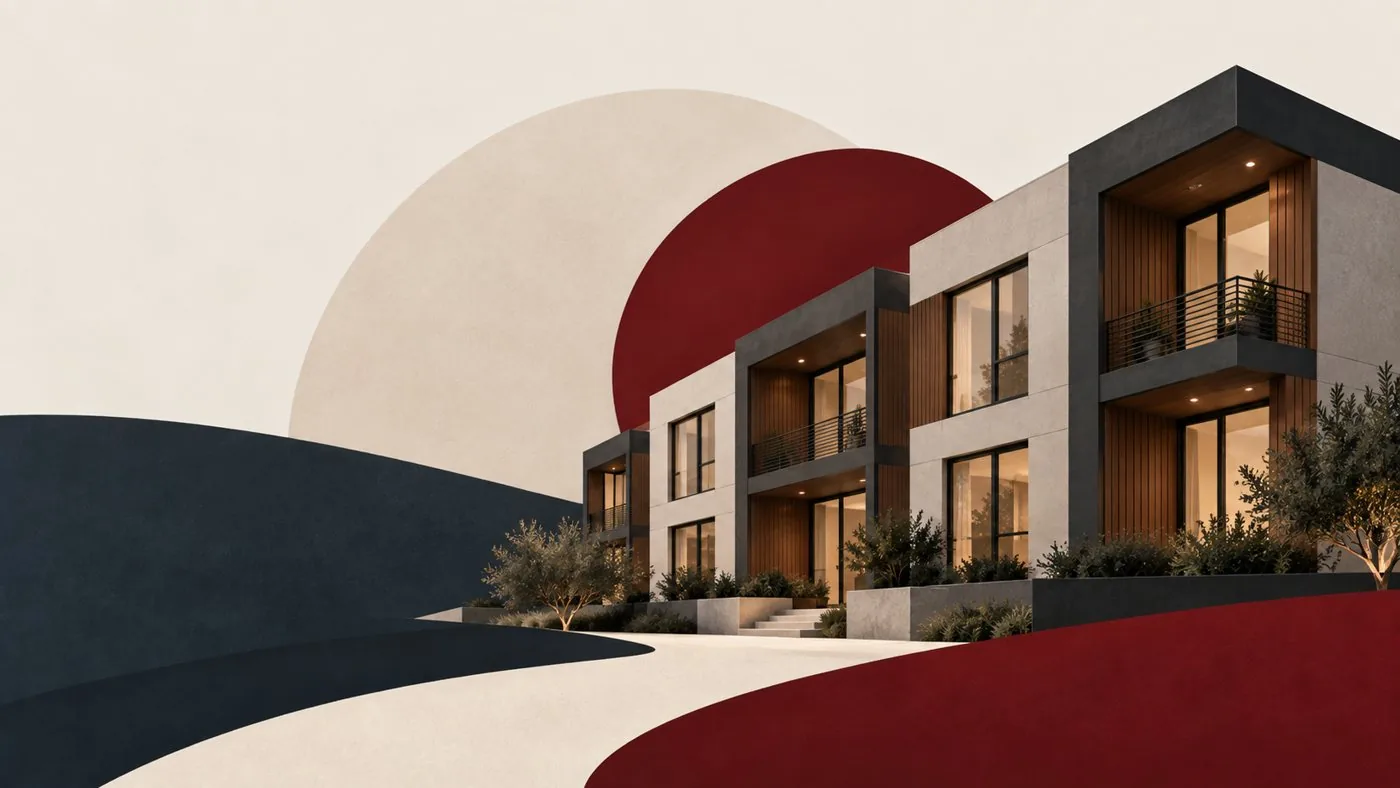 Modern townhomes with lit windows, a rental investment property